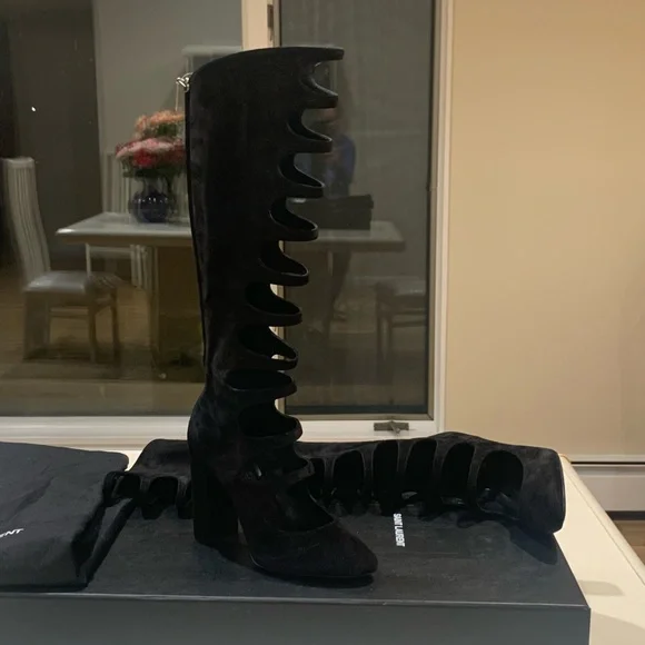 NWB RARE Saint Laurent Joplin Gladiator $3K Black Suede Boots Shoes Heels sz 37 - Picture 9 of 12